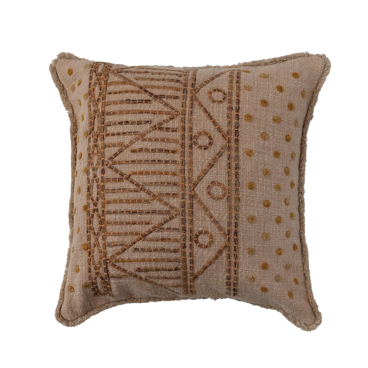 Design Shop Cotton Slub Pillow w/ Embroidered Pattern, Chambray Back & Fringe, Polyester Fill