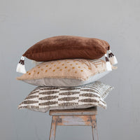 Design Shop Cotton Slub Pillow w/ Embroidered Pattern, Chambray Back & Fringe, Polyester Fill