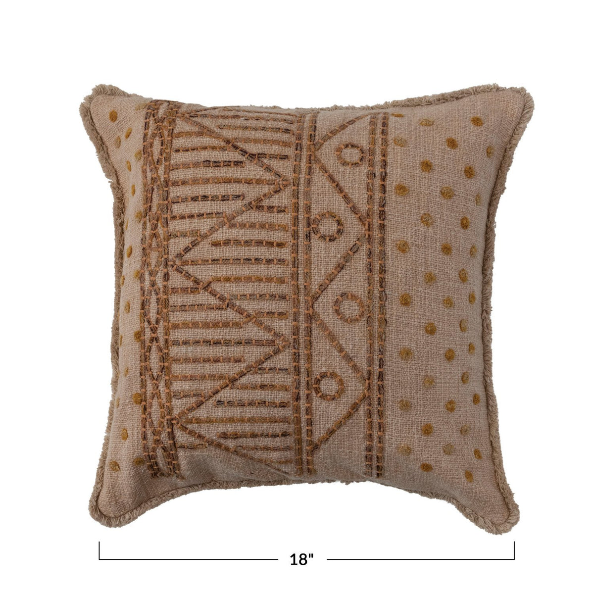 Design Shop Cotton Slub Pillow w/ Embroidered Pattern, Chambray Back & Fringe, Polyester Fill