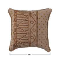 Design Shop Cotton Slub Pillow w/ Embroidered Pattern, Chambray Back & Fringe, Polyester Fill
