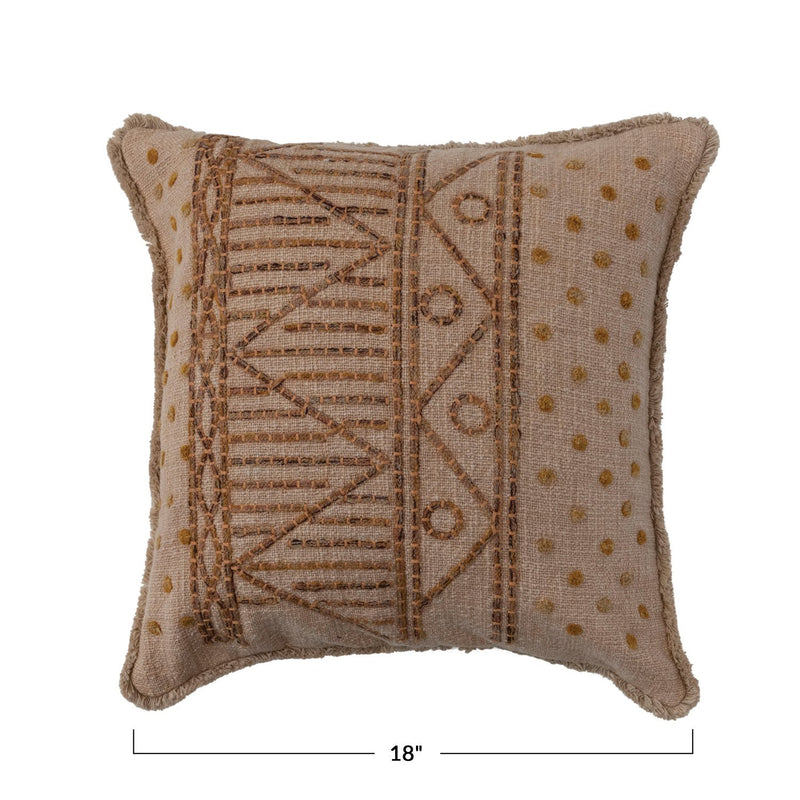 Design Shop Cotton Slub Pillow w/ Embroidered Pattern, Chambray Back & Fringe, Polyester Fill