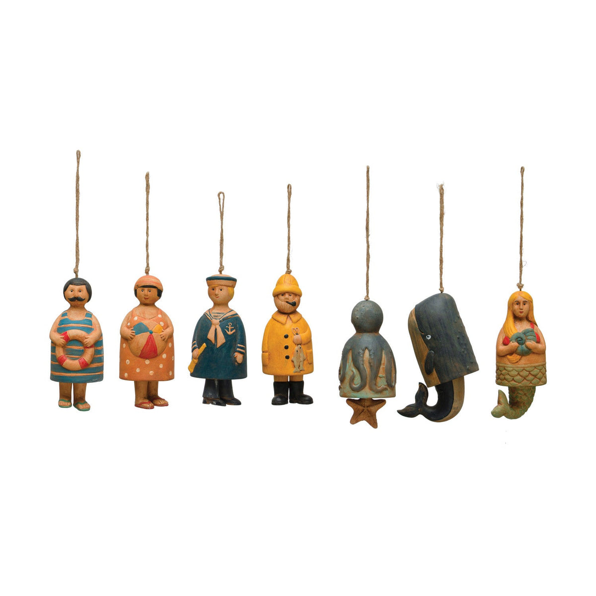 Design Shop Hand-Painted Stoneware Nautical Bells w/ Jute Rope Hanger. Set of 7.