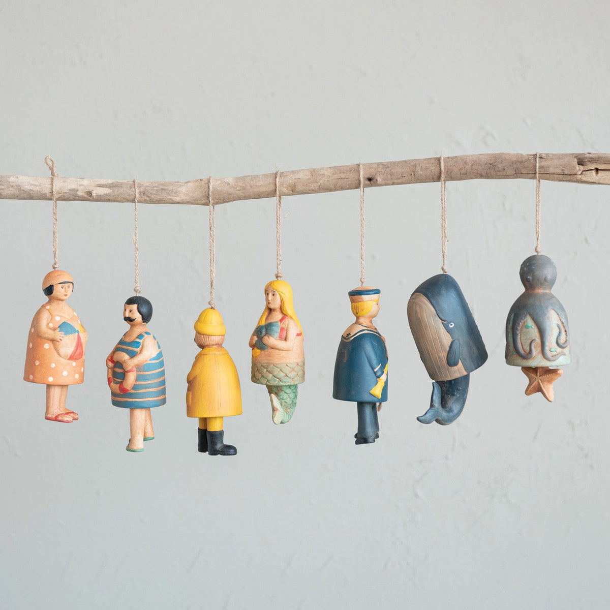 Design Shop Hand-Painted Stoneware Nautical Bells w/ Jute Rope Hanger. Set of 7.
