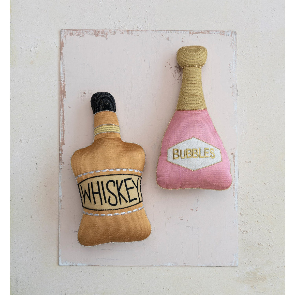 Design Shop Cotton Bottle Shaped Pillow w/ Embroidery, Pink & Gold Color