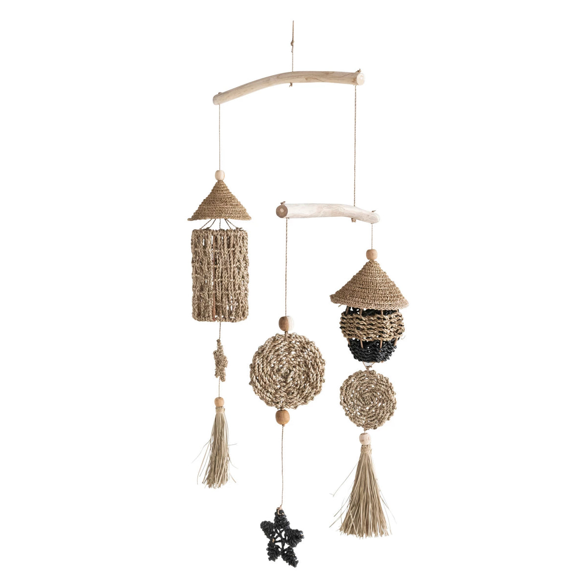 Design Shop Wood & Hand-Woven Seagrass Mobile/Wall Hanging, Black & Natural