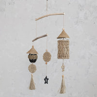 Design Shop Wood & Hand-Woven Seagrass Mobile/Wall Hanging, Black & Natural