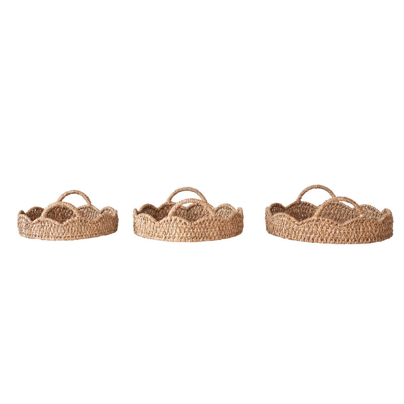 Design Shop Decorative Braided Bankuan & Rattan Trays w/ Scalloped Edge & Handles, Set of 3