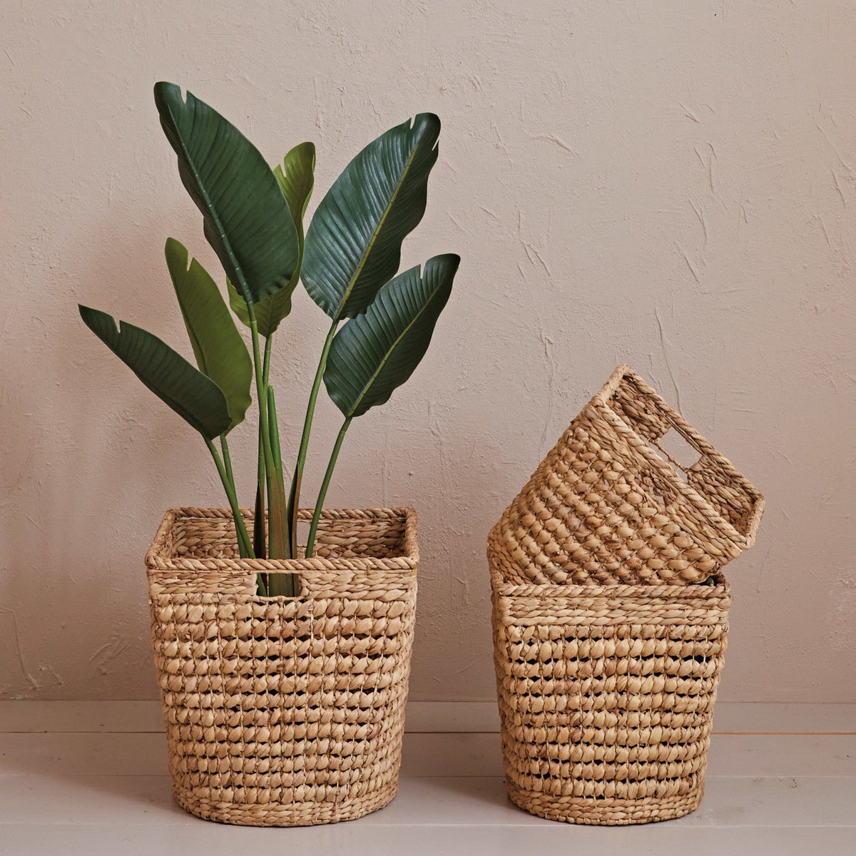 Design Shop Hand-Woven Water Hyacinth & Metal Baskets w/ Handles, Set of 3