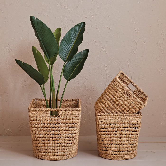 Design Shop Hand-Woven Water Hyacinth & Metal Baskets w/ Handles, Set of 3