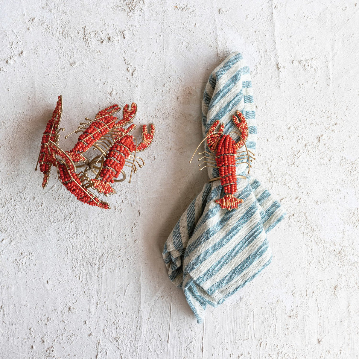 Design Shop Metal Lobster Napkin Rings w/ Glass Beads, Gold Finish & Red, Set of 4