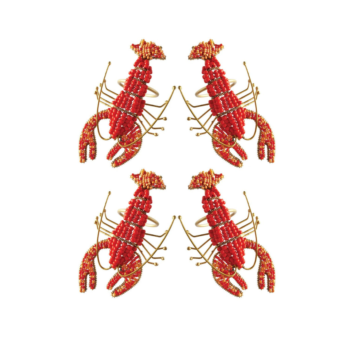 Design Shop Metal Lobster Napkin Rings w/ Glass Beads, Gold Finish & Red, Set of 4