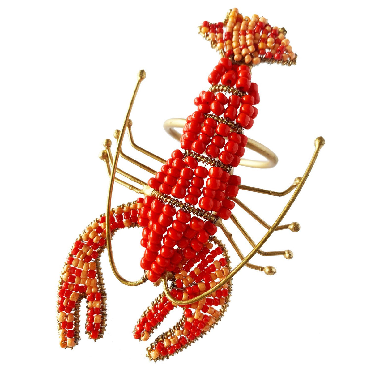 Design Shop Metal Lobster Napkin Rings w/ Glass Beads, Gold Finish & Red, Set of 4