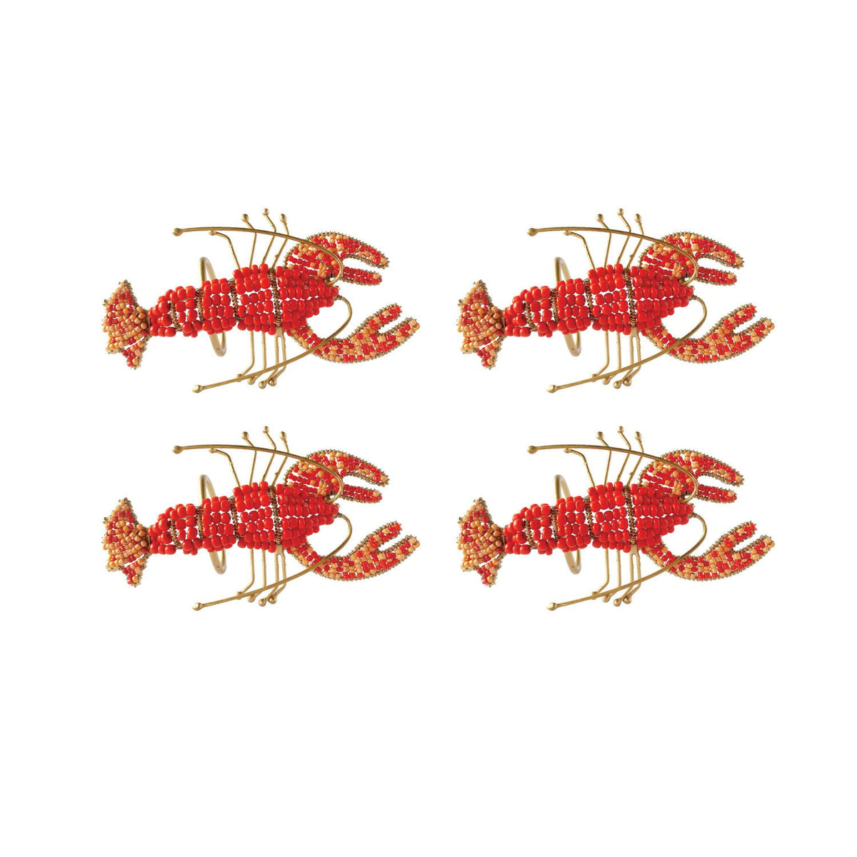 Design Shop Metal Lobster Napkin Rings w/ Glass Beads, Gold Finish & Red, Set of 4