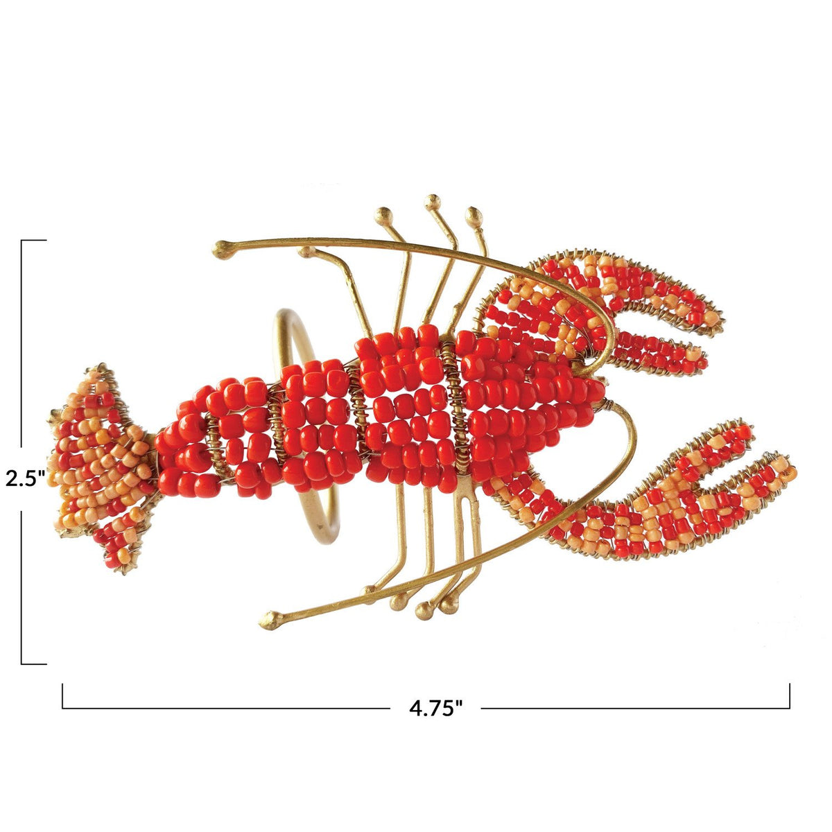 Design Shop Metal Lobster Napkin Rings w/ Glass Beads, Gold Finish & Red, Set of 4