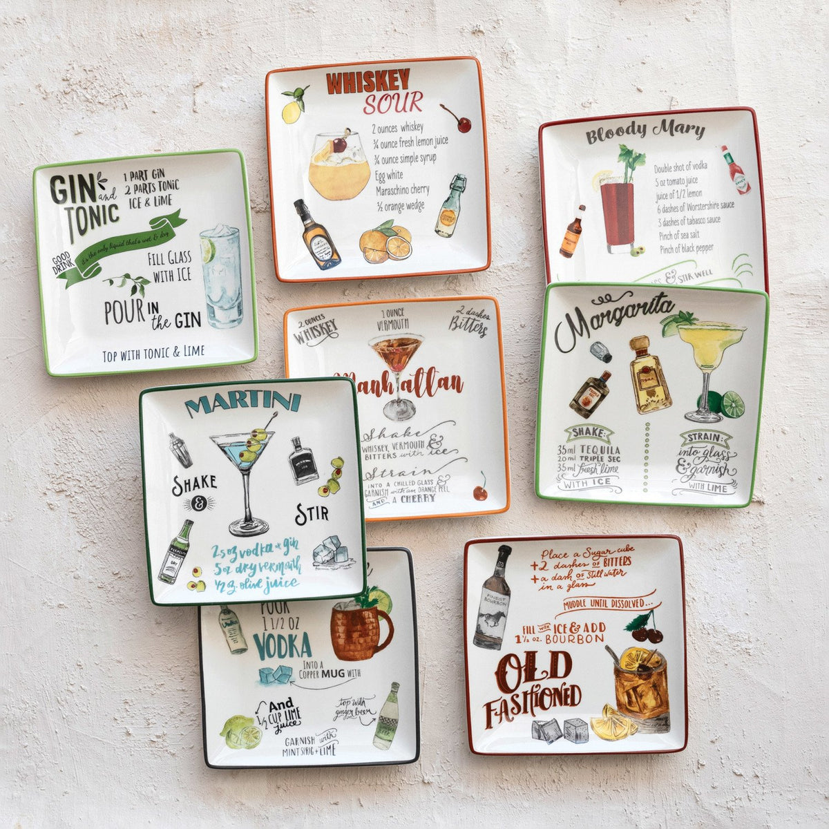 Design Shop Stoneware Plate w/ Cocktail Recipe & Art, Set of 8