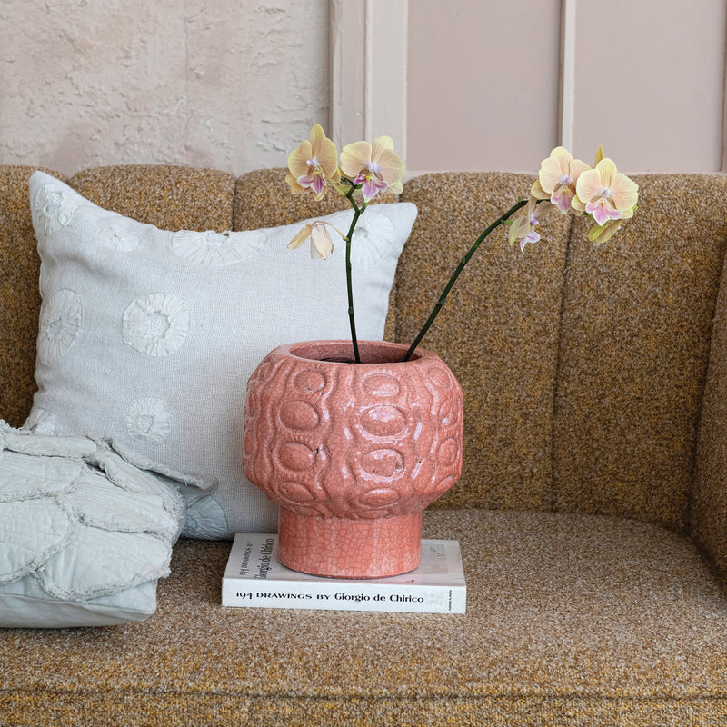 Design Shop Embossed Terra-cotta Footed Planter (Holds 8-1/2" Pot) (Each One Will Vary)