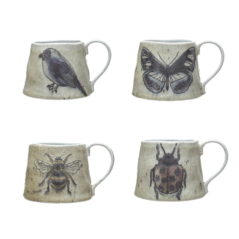 Design Shop 18 oz. Stoneware Mug w/ Insect/Bird, Set of 4.