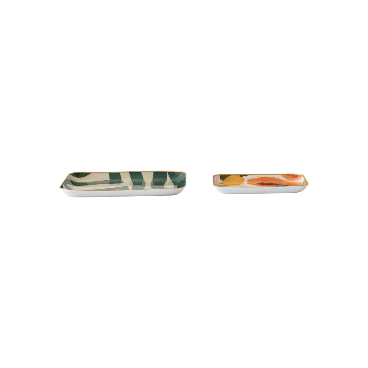 Design Shop Enameled Metal Trays w/ Fruit/Abstract Image & Gold Rim, Set of 2