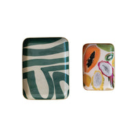 Design Shop Enameled Metal Trays w/ Fruit/Abstract Image & Gold Rim, Set of 2