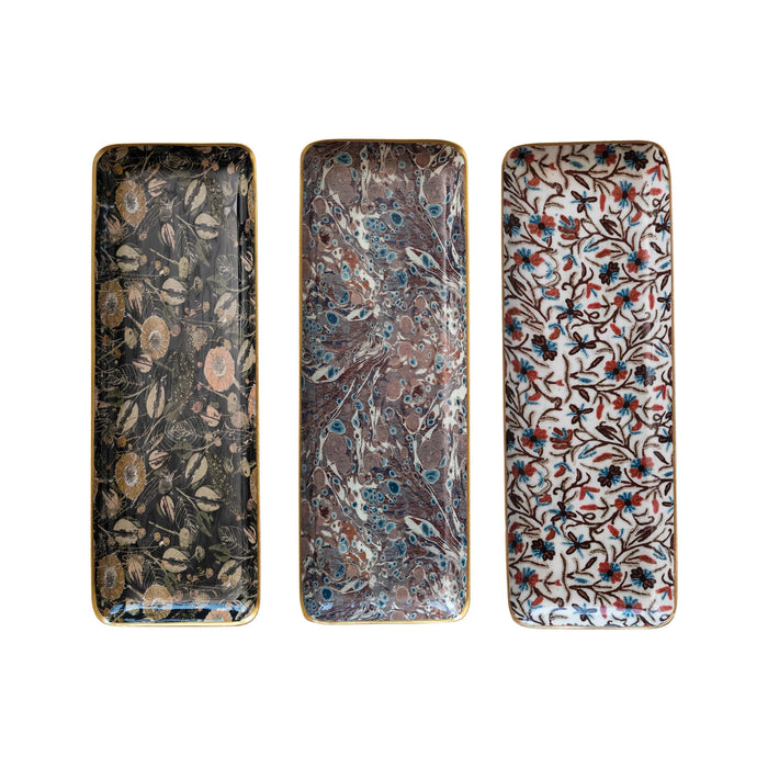 Design Shop Enameled Metal Tray w/ Pattern & Gold Rim, Set of 3.