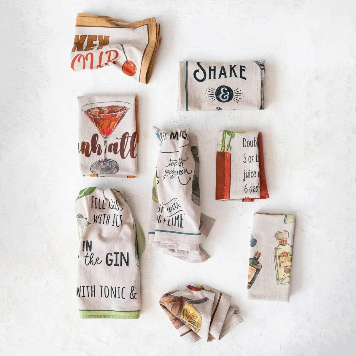 Design Shop Cotton Chambray Printed Tea Towel w/ Cocktail Recipe & Art, Set of 8