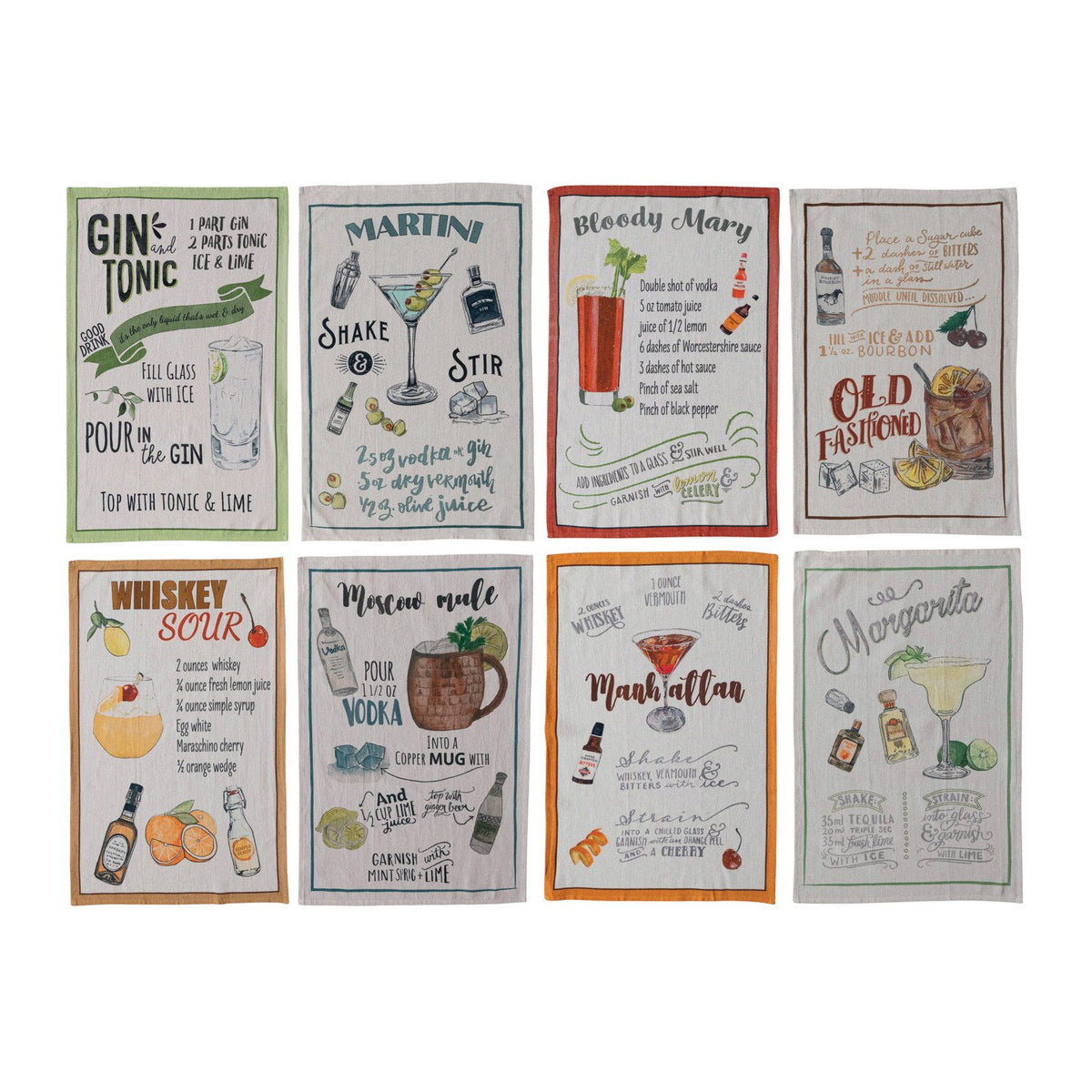 Design Shop Cotton Chambray Printed Tea Towel w/ Cocktail Recipe & Art, Set of 8