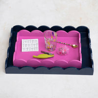 Design Shop MDF Lacquered Scalloped Tray w/ Handles, Navy Color