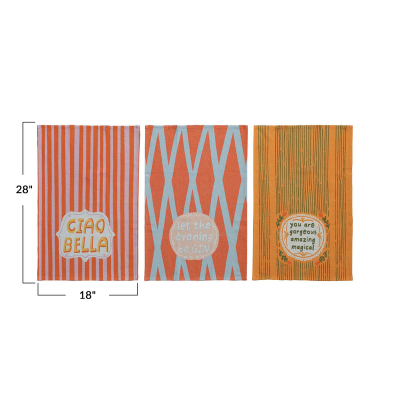 Design Shop Cotton & Linen Printed Tea Towel w/ Pattern & Saying, Set of 3