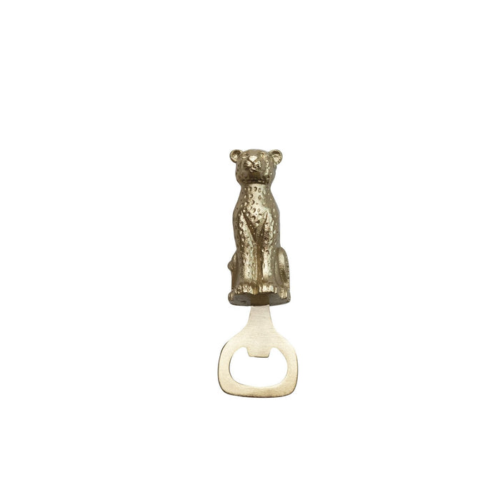 A stainless steel and cast aluminum bottle opener with a leopard-shaped handle in antique gold tone.