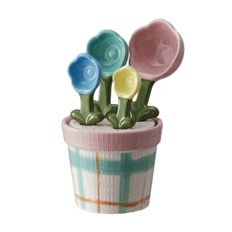 Design Shop Hand-Painted Stoneware Measuring Spoons w/ Pot Holder, Set of 5