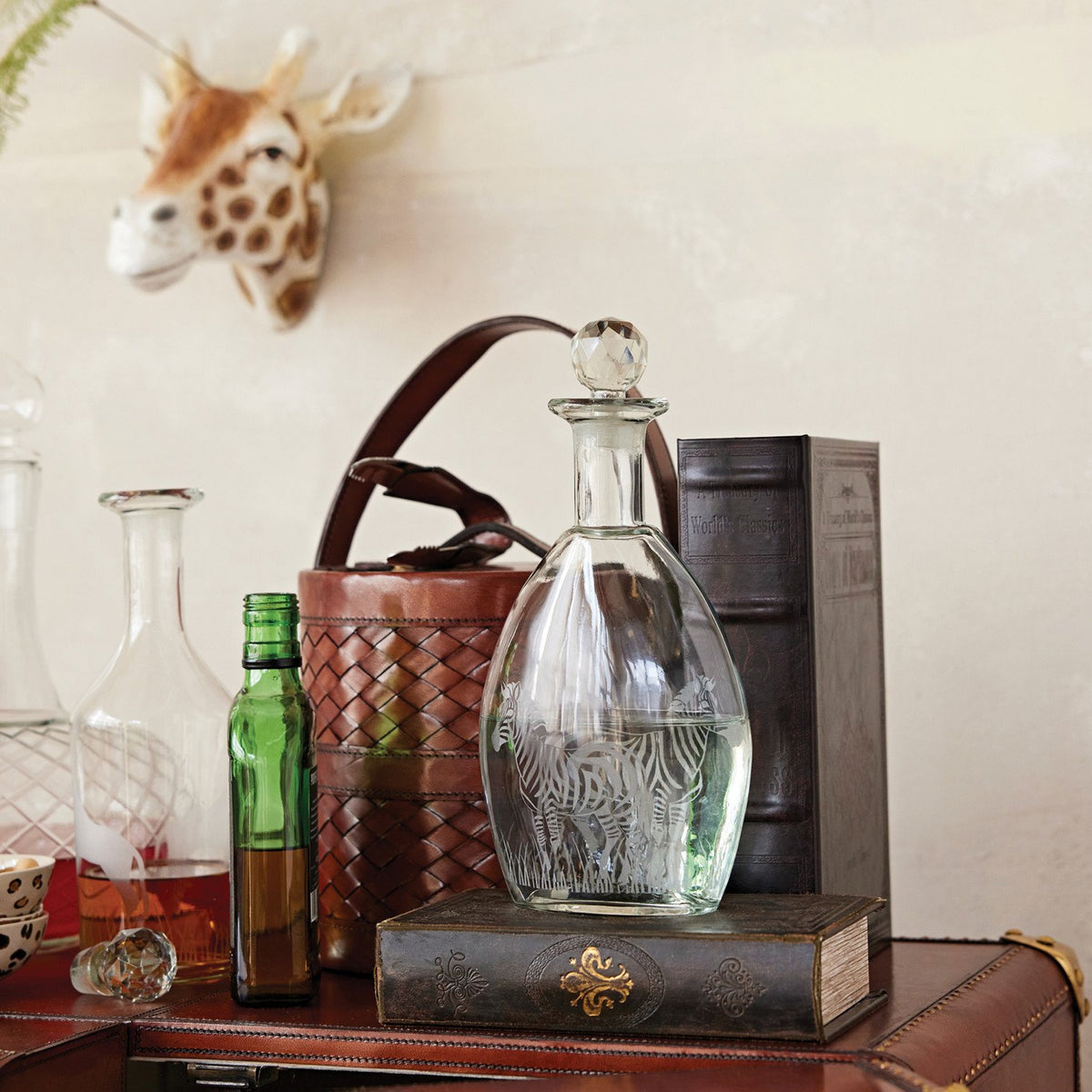 Design Shop 1 Quart Etched Glass Decanter with Zebras & Glass Stopper