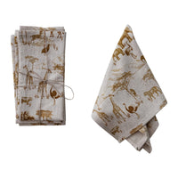 Design Shop Cotton & Linen Napkins with Safari Animals, Set of 4 Tied with Jute