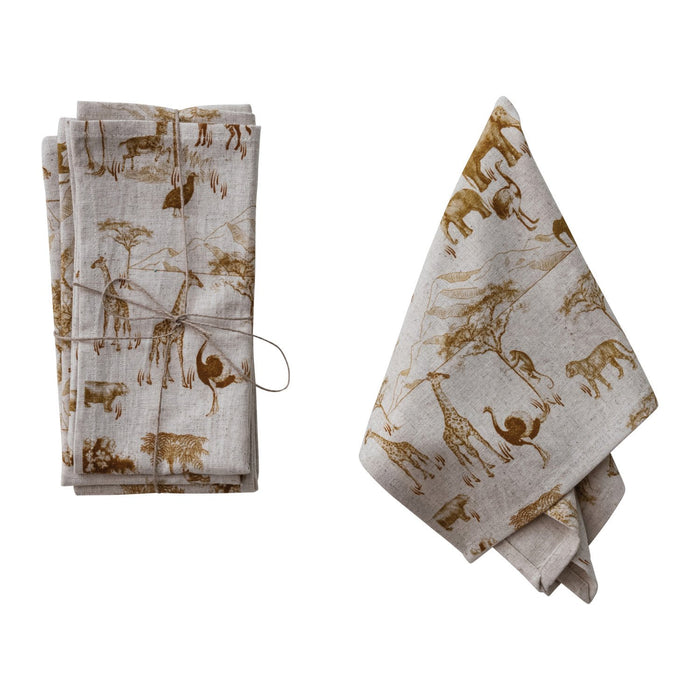 Design Shop Cotton & Linen Napkins with Safari Animals, Set of 4 Tied with Jute