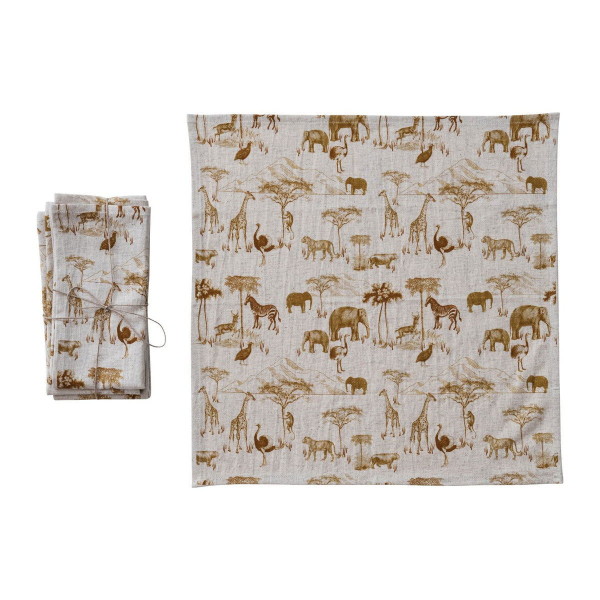 Design Shop Cotton & Linen Napkins with Safari Animals, Set of 4 Tied with Jute