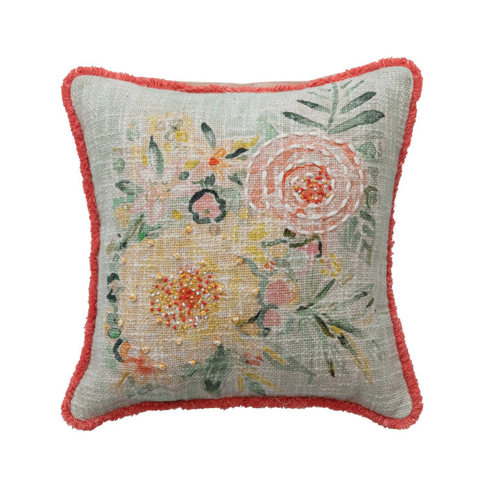 Design Shop Cotton Slub Pillow with Flowers, Embroidery & Eyelash Fringe