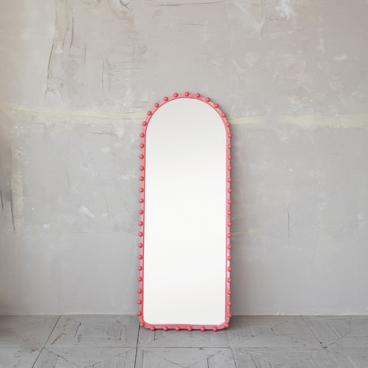 Design Shop Wood Ball Framed Arched Wall Mirror, Pink