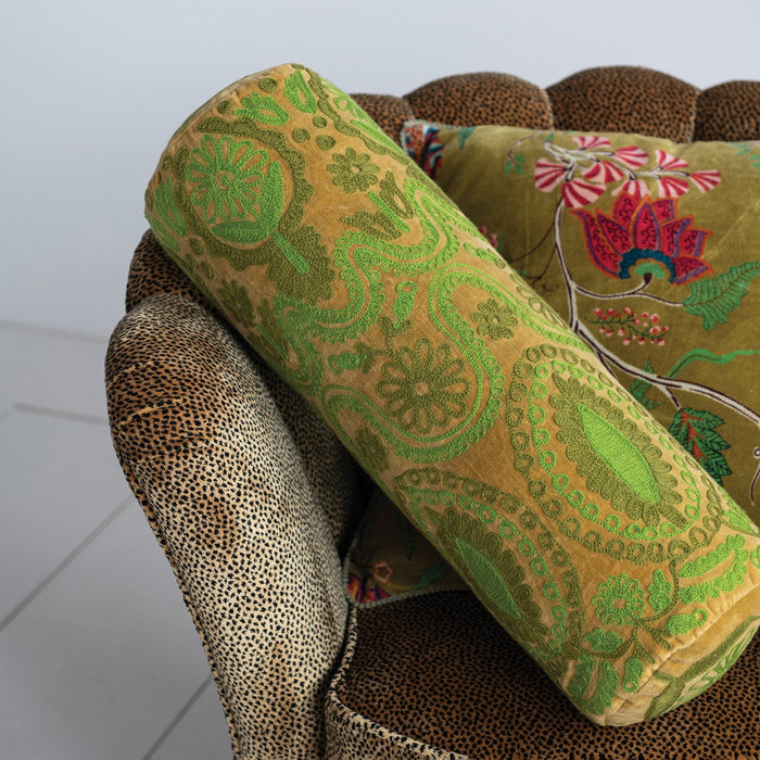 Design Shop Cotton Velvet Embroidered Bolster Pillow, Green