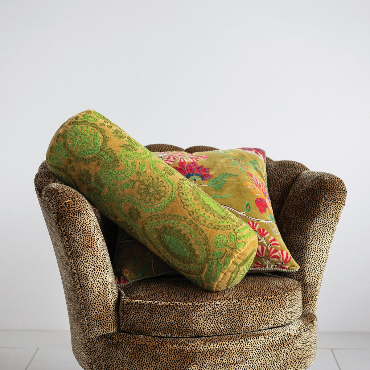 Design Shop Cotton Velvet Embroidered Bolster Pillow, Green