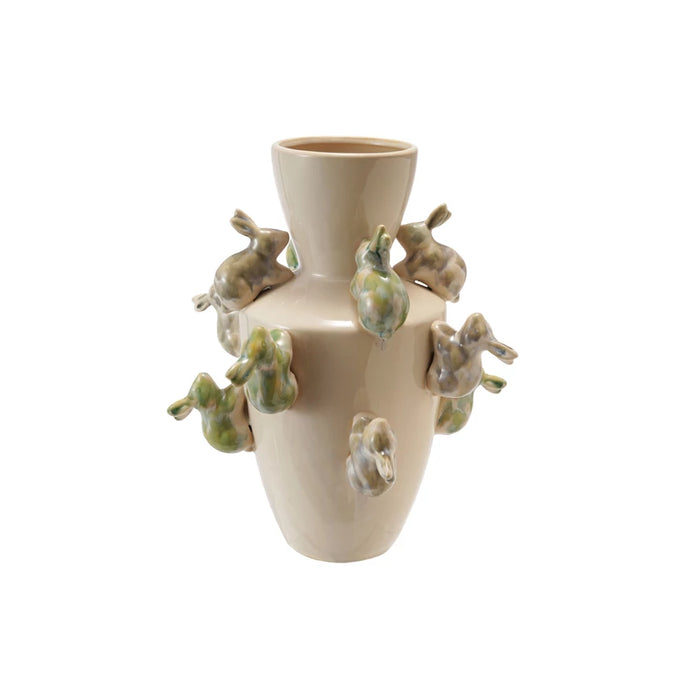 Design Shop Stoneware Vase w/ 3D Rabbits, Reactive Glaze (Each One Will Vary)