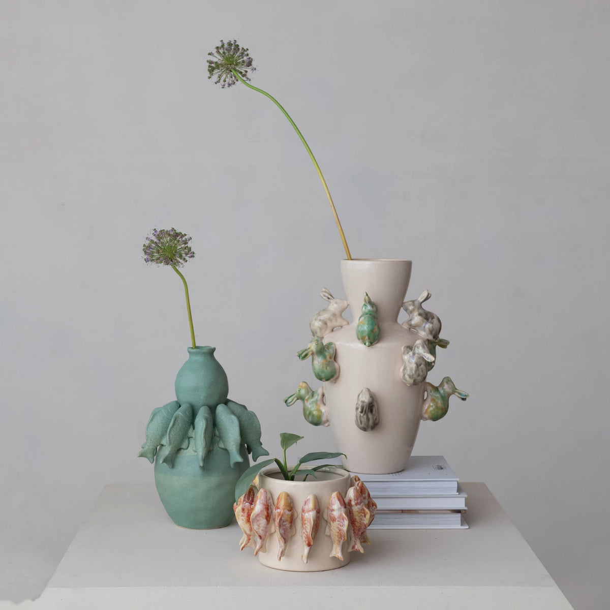 Design Shop Stoneware Vase w/ 3D Rabbits, Reactive Glaze (Each One Will Vary)