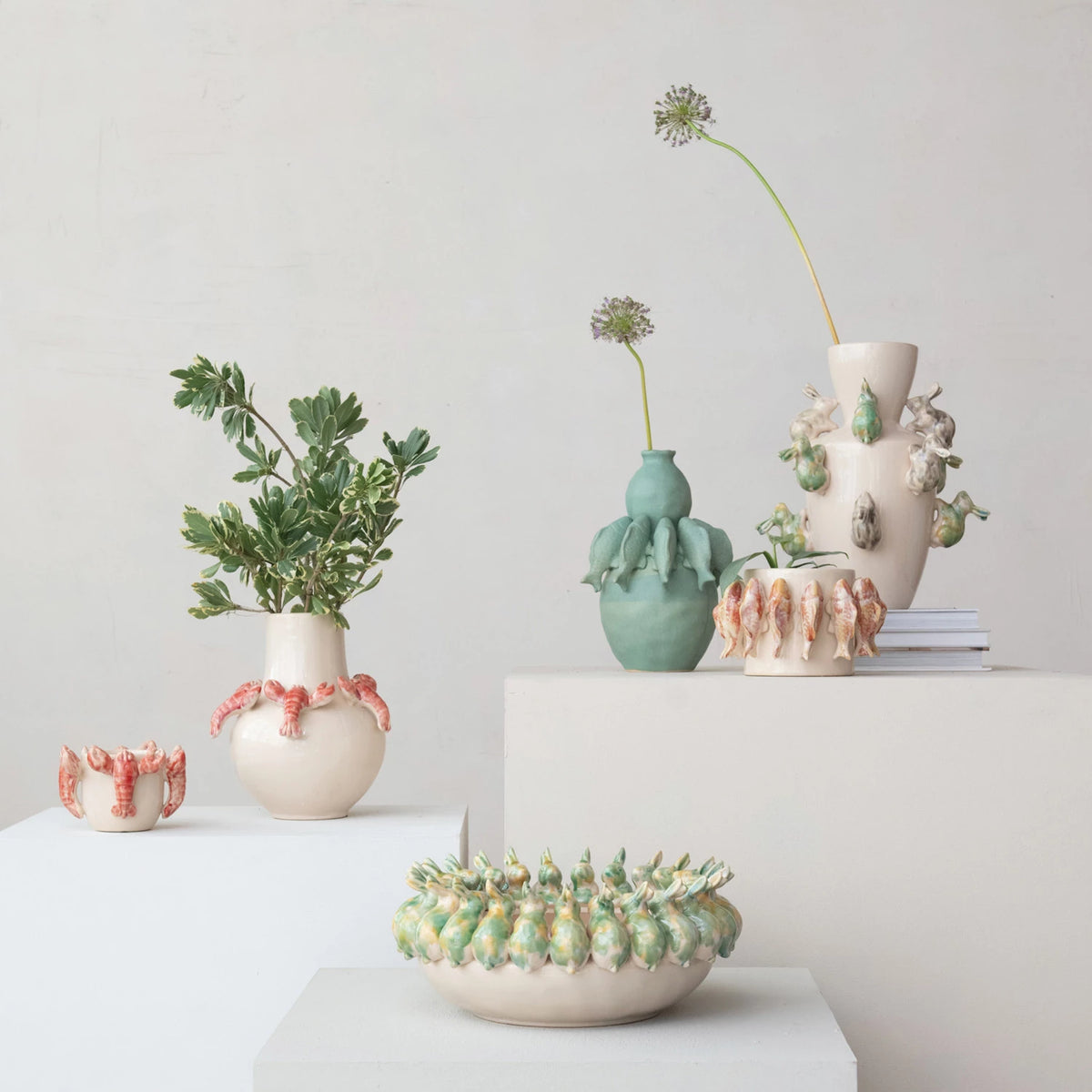 Design Shop Stoneware Vase w/ 3D Rabbits, Reactive Glaze (Each One Will Vary)