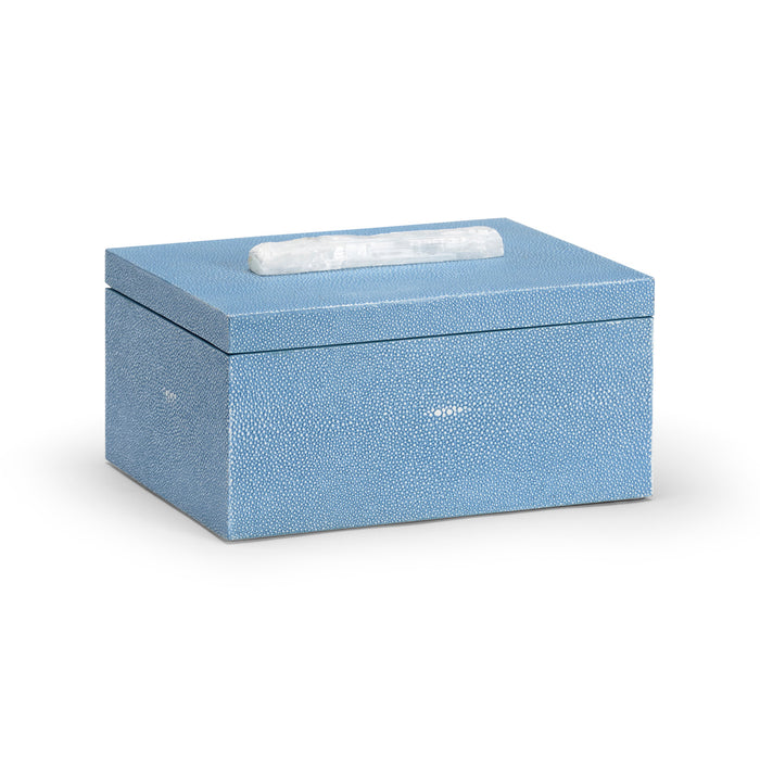 Blue textured jewelry box with a white interior on a white background