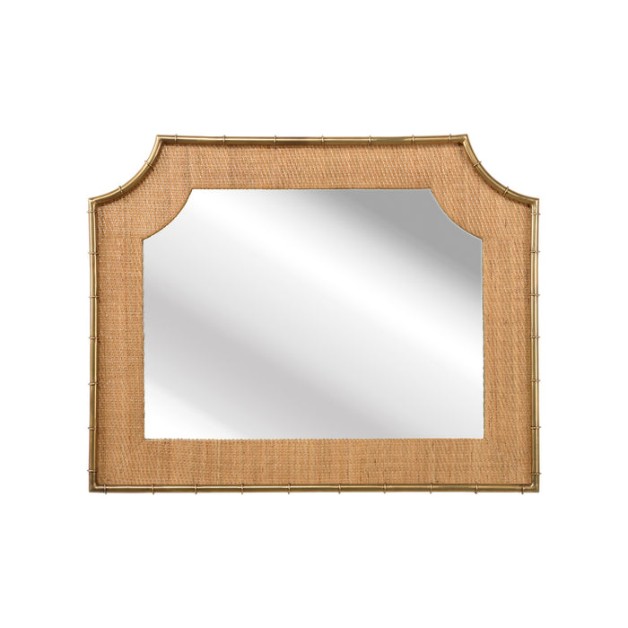 Rectangular mirror with wicker frame on a white background