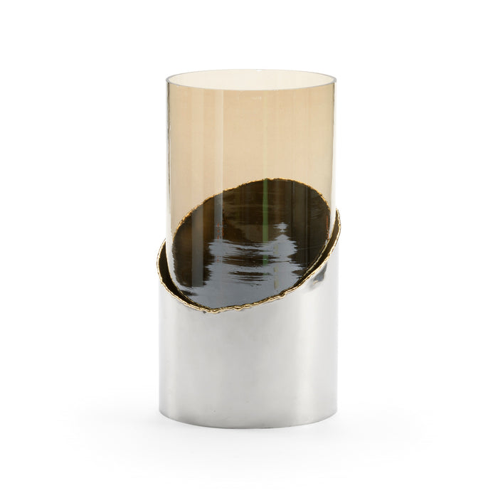 Cylindrical vase with gold rim and black interior on a white background