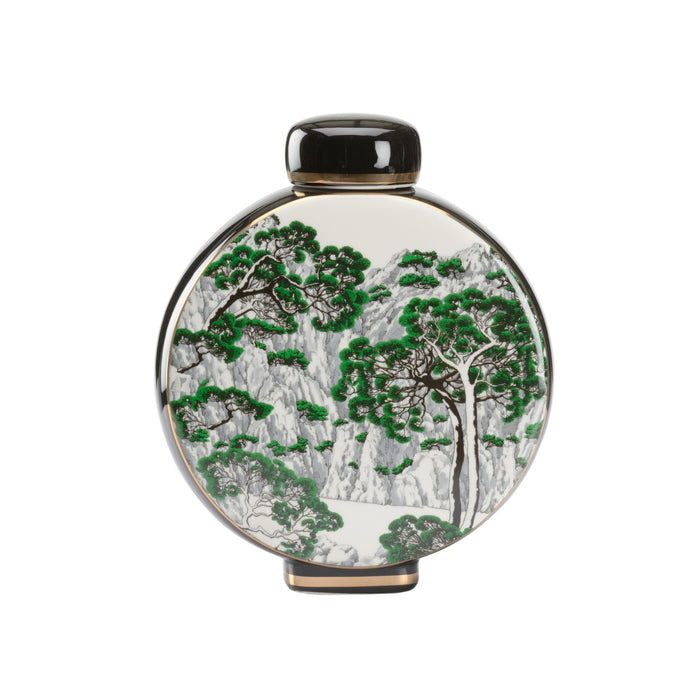 Decorative vase with tree design on a white background
