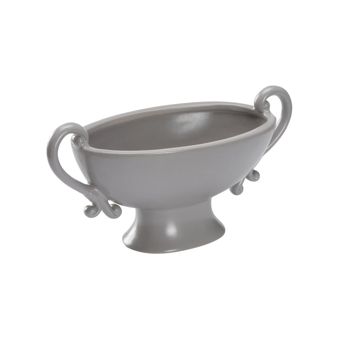 Gray ceramic footed bowl with handles on a white background