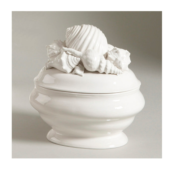 White ceramic jar with shell decorations on a gray background