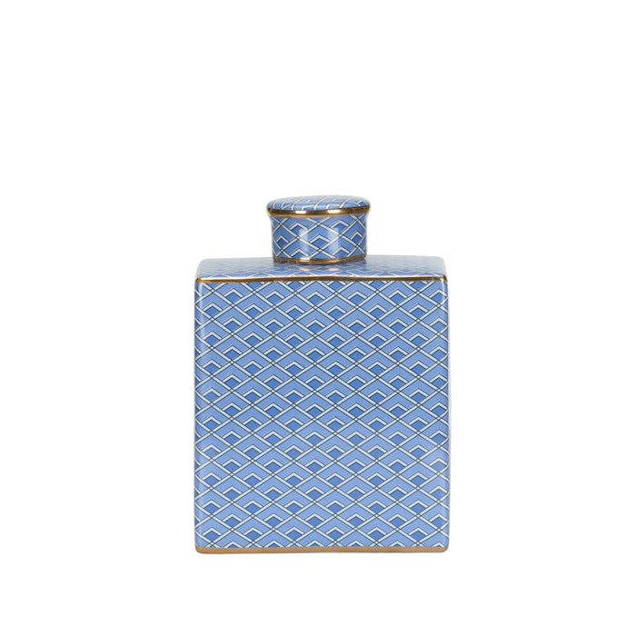 Blue ceramic container with geometric pattern on a white background