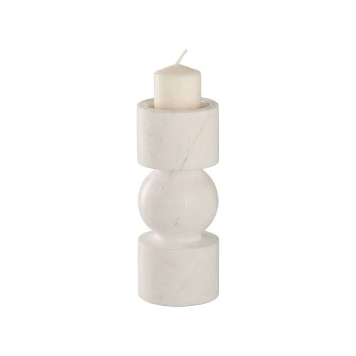White marble candle holder with a white candle on a white background