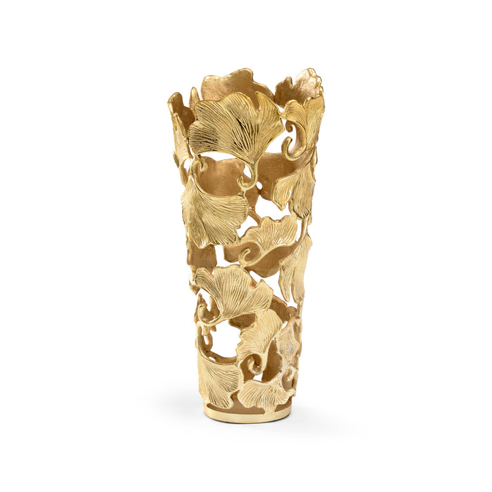 Gold decorative vase with intricate leaf patterns on a white background